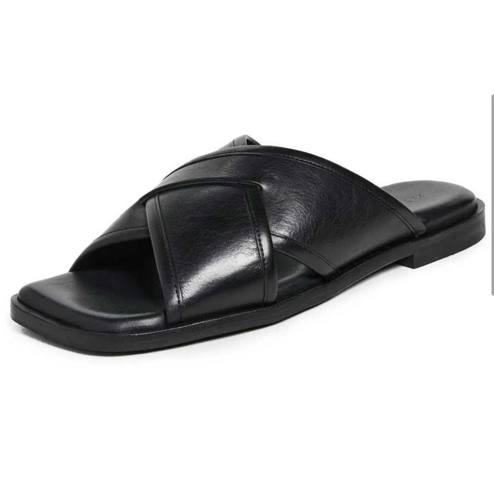 Freda Salvador Marta Black Leather Criss Cross Slide Sandal Flat Minimalist 7.5 - Picture 14 of 15